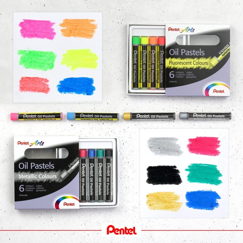 Pentel Fluorescent and Metallic Oil Pastels Set of 12 Assorted Colours, PHN-MF12 - Image 4